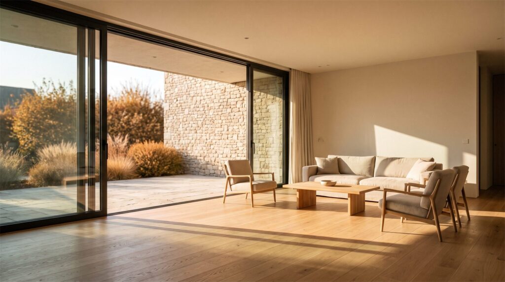 Baie coulissante PVC ouvrant un salon lumineux sur une terrasse