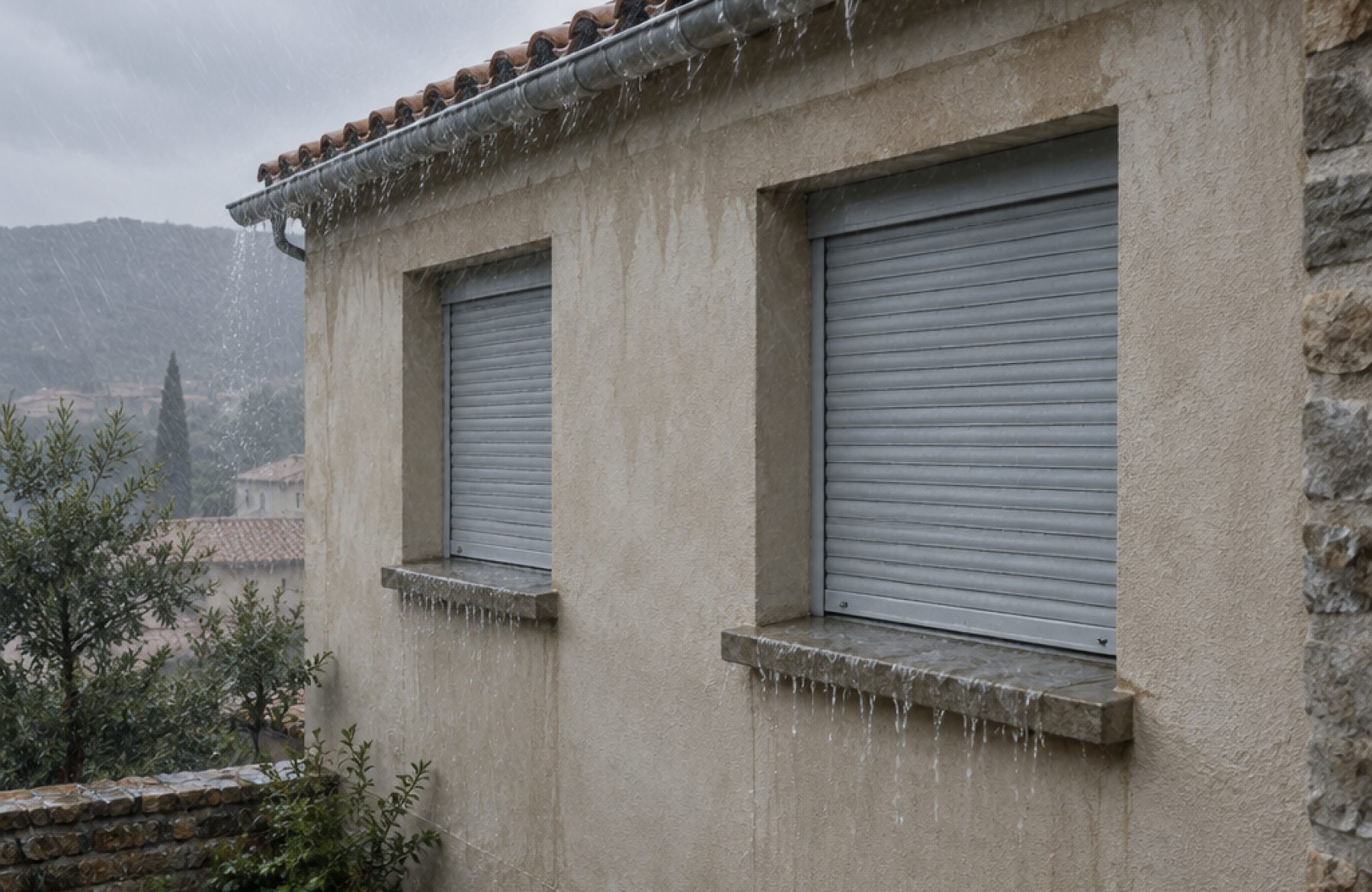 Façade de maison de village de l'Hérault sous une pluie battante, volets roulants fermés