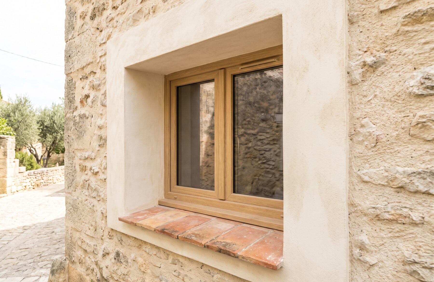 Fenêtre neuve à cadre aspect chêne posée dans l’épais mur en pierre d’une maison de village, tableau enduit à la chaux