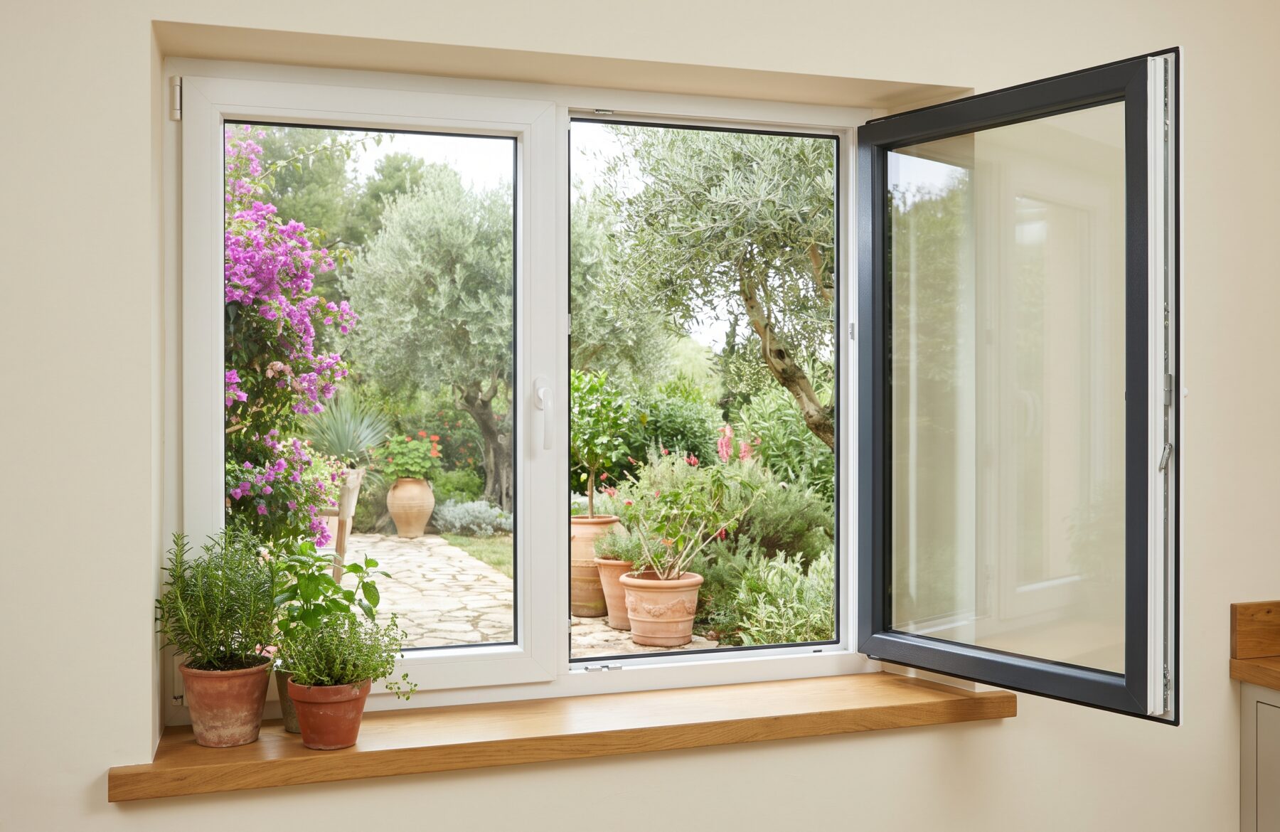 Fenêtre PVC bicolore ouverte : cadre blanc côté intérieur, face extérieure gris anthracite, vue sur un jardin méditerranéen