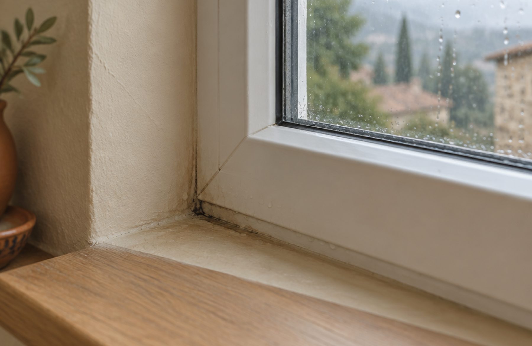 Trace d'infiltration dans l'angle bas du dormant d'une fenêtre PVC blanche, vue de l'intérieur