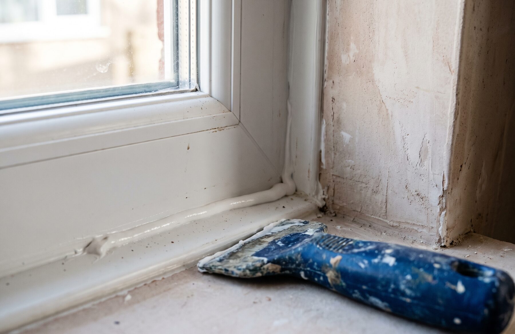 Cordon de mastic lissé le long de la jonction entre un dormant de fenêtre blanc et le tableau, spatule posée sur l’appui