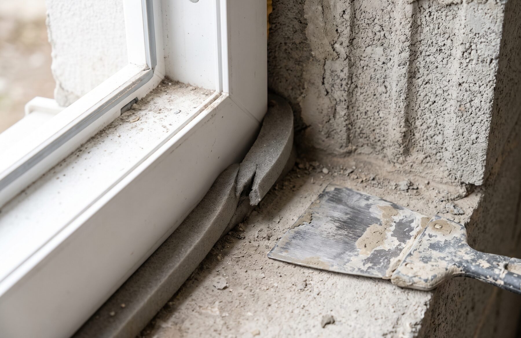 Jonction entre le dormant d’une fenêtre blanche et la maçonnerie, garnie d’une bande de mousse précomprimée, spatule posée à côté