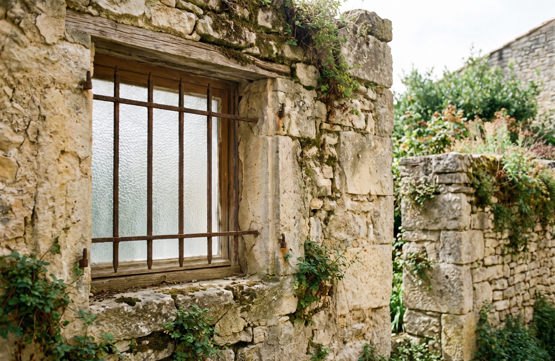 Petite fenêtre à verre translucide protégée de barreaux, dans un vieux mur de pierre proche d’un jardin voisin