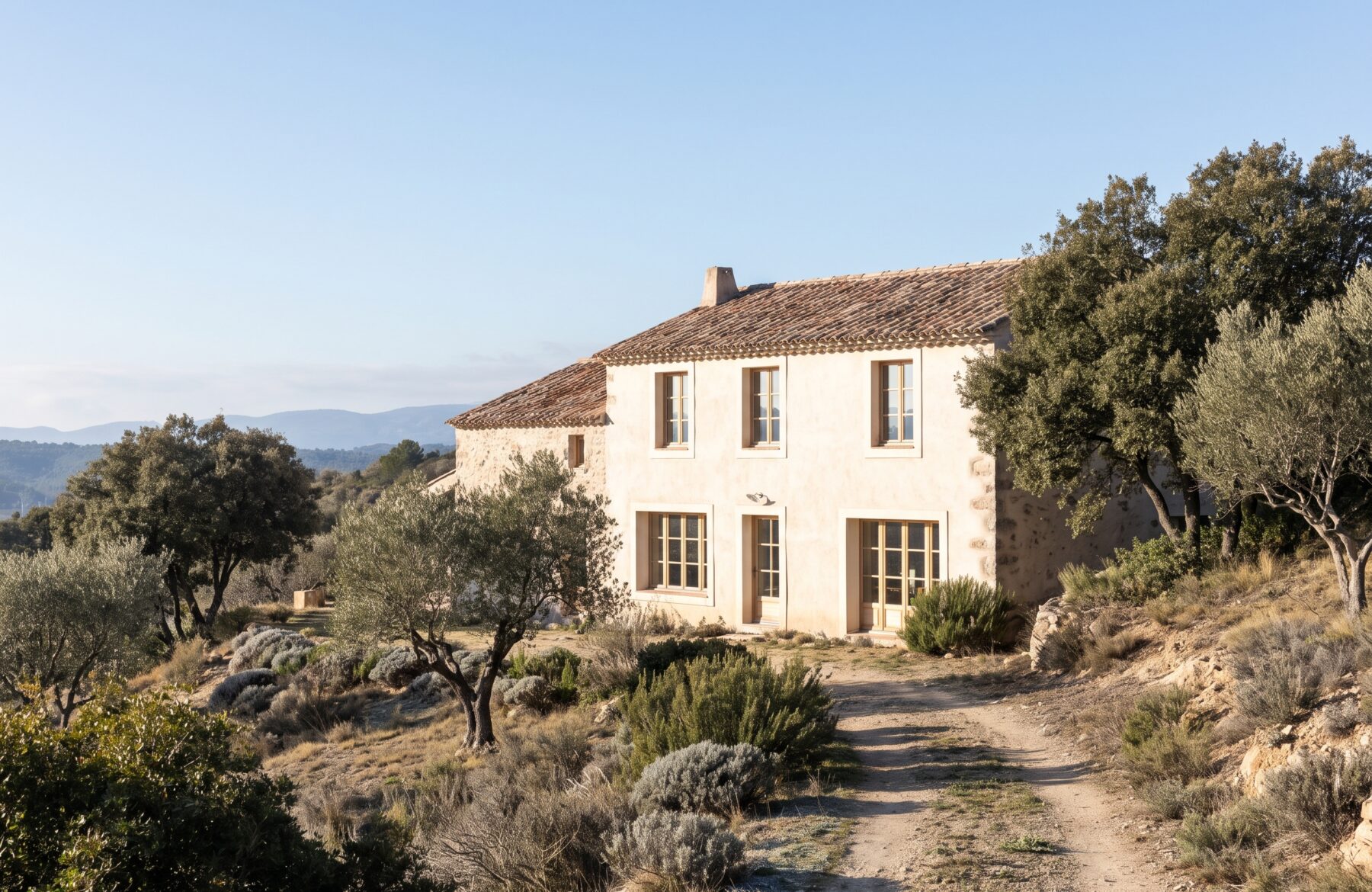 Maison aux murs crème et toit de tuiles sur un coteau de garrigue de l’Hérault, par un clair matin d’hiver