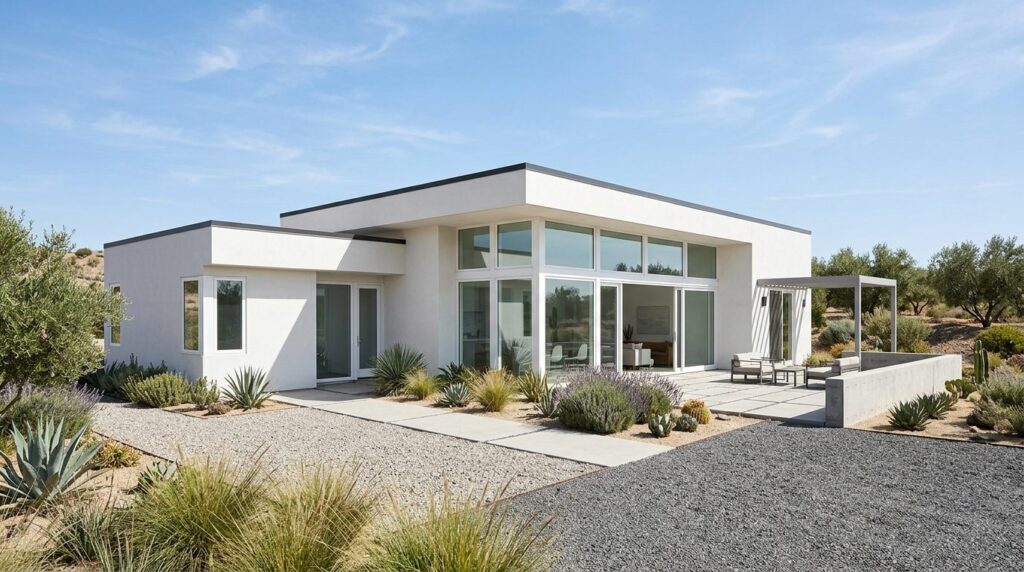 Maison équipée de fenêtres PVC avec volets roulants