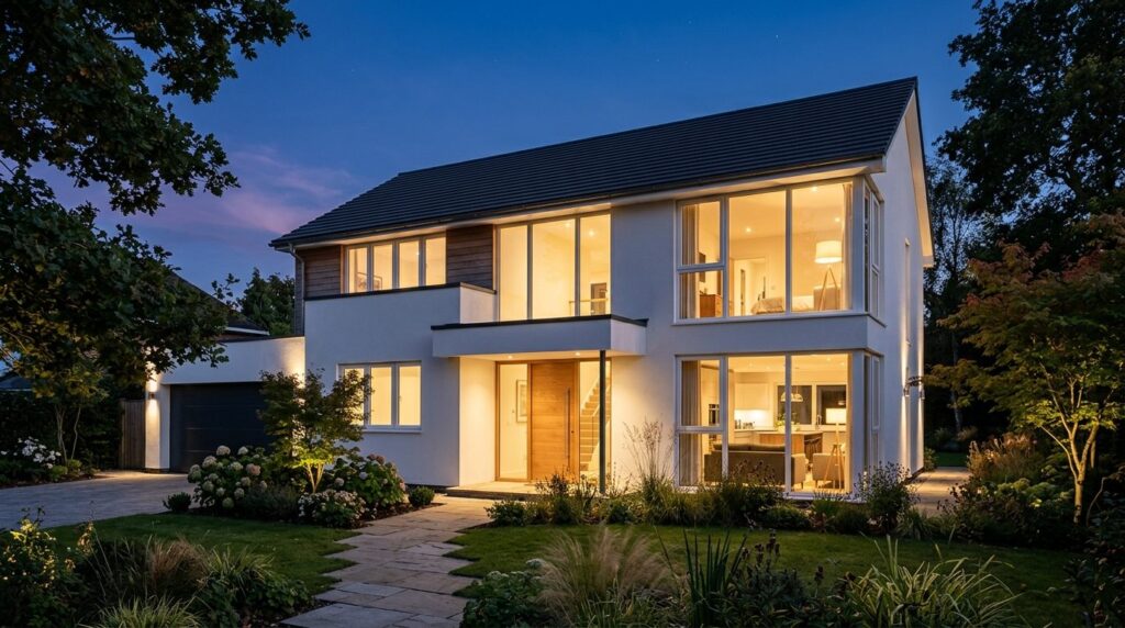Maison avec grande baie coulissante éclairée en soirée