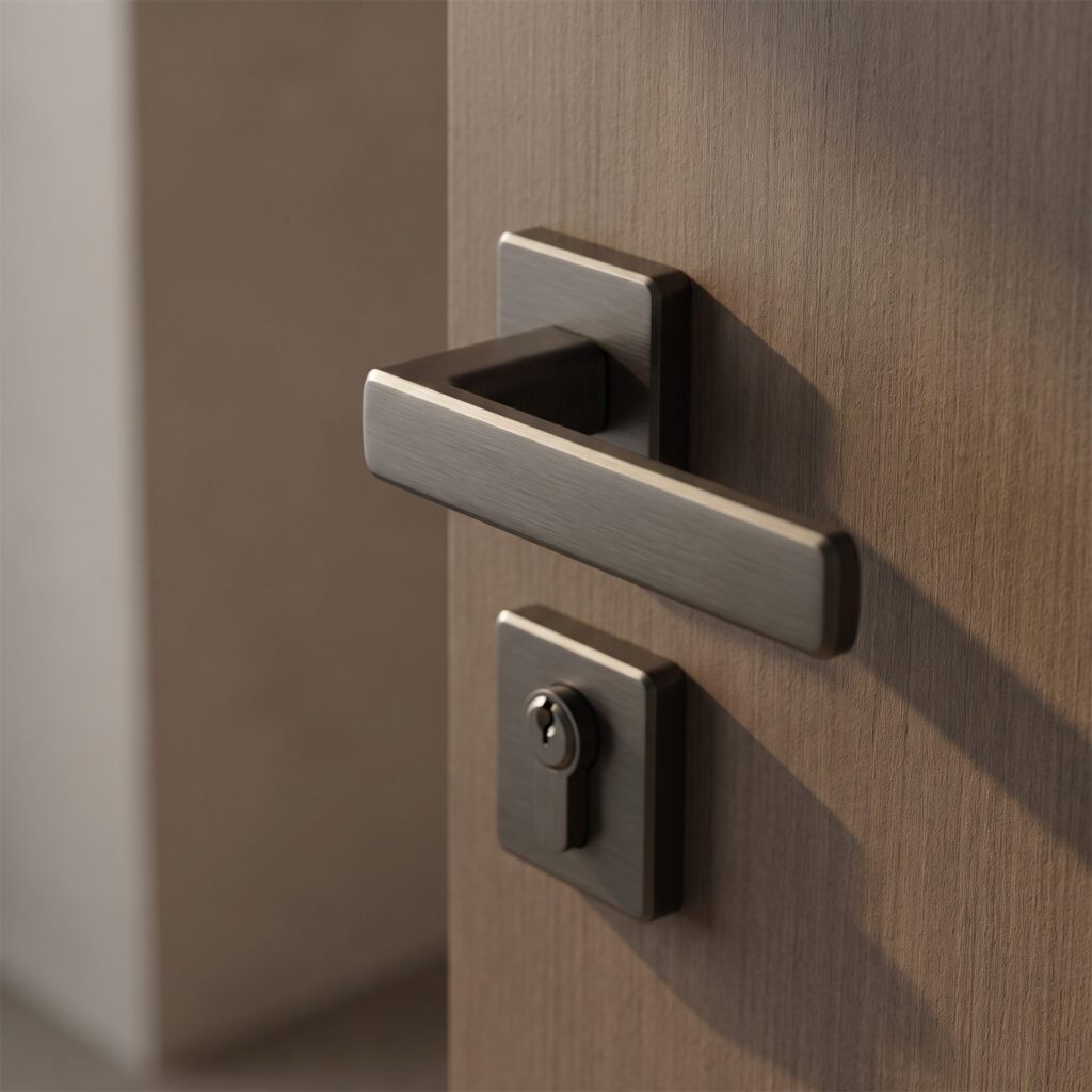 Détail d'une poignée de porte d'entrée en aluminium anthracite