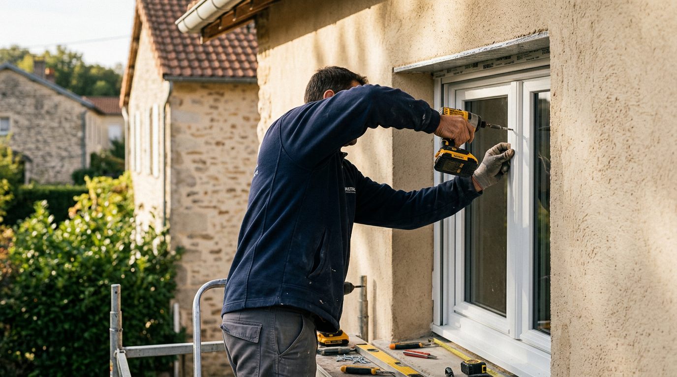 Installateur des Fenêtres du Midi posant une menuiserie en façade