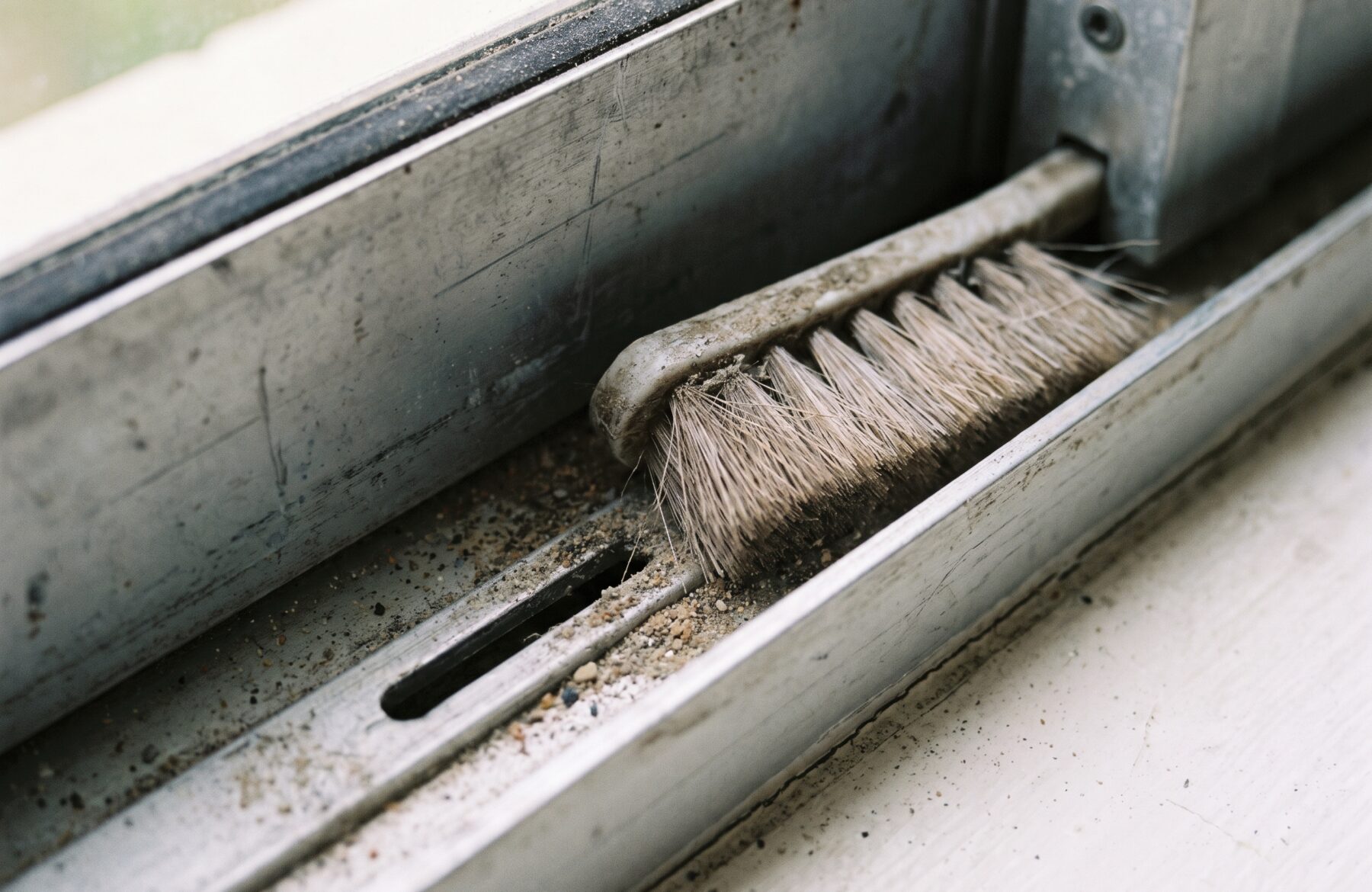 Rail bas d’une fenêtre coulissante en aluminium avec sa fente d’évacuation, une petite brosse posée dans le rail
