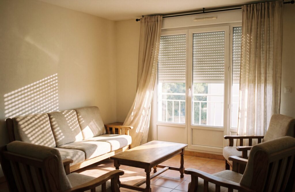 Séjour aux murs crème, porte-fenêtre PVC aux volets roulants mi-clos filtrant le soleil de fin de journée