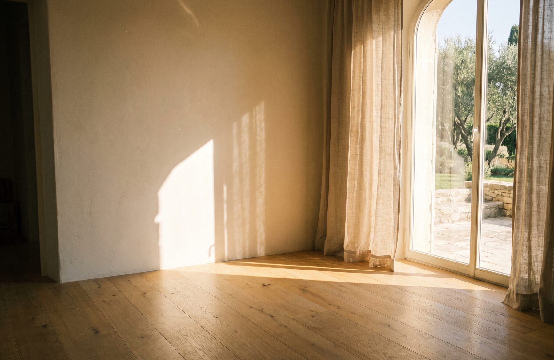 Soleil d’après-midi traversant une porte-fenêtre et dessinant une tache de lumière sur un parquet en chêne clair