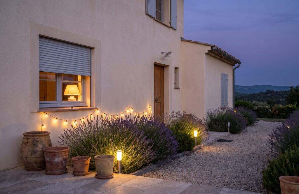 Rez-de-chaussée d’une villa aux murs crème au crépuscule, volet roulant à demi baissé, lavandes et pots en terre cuite