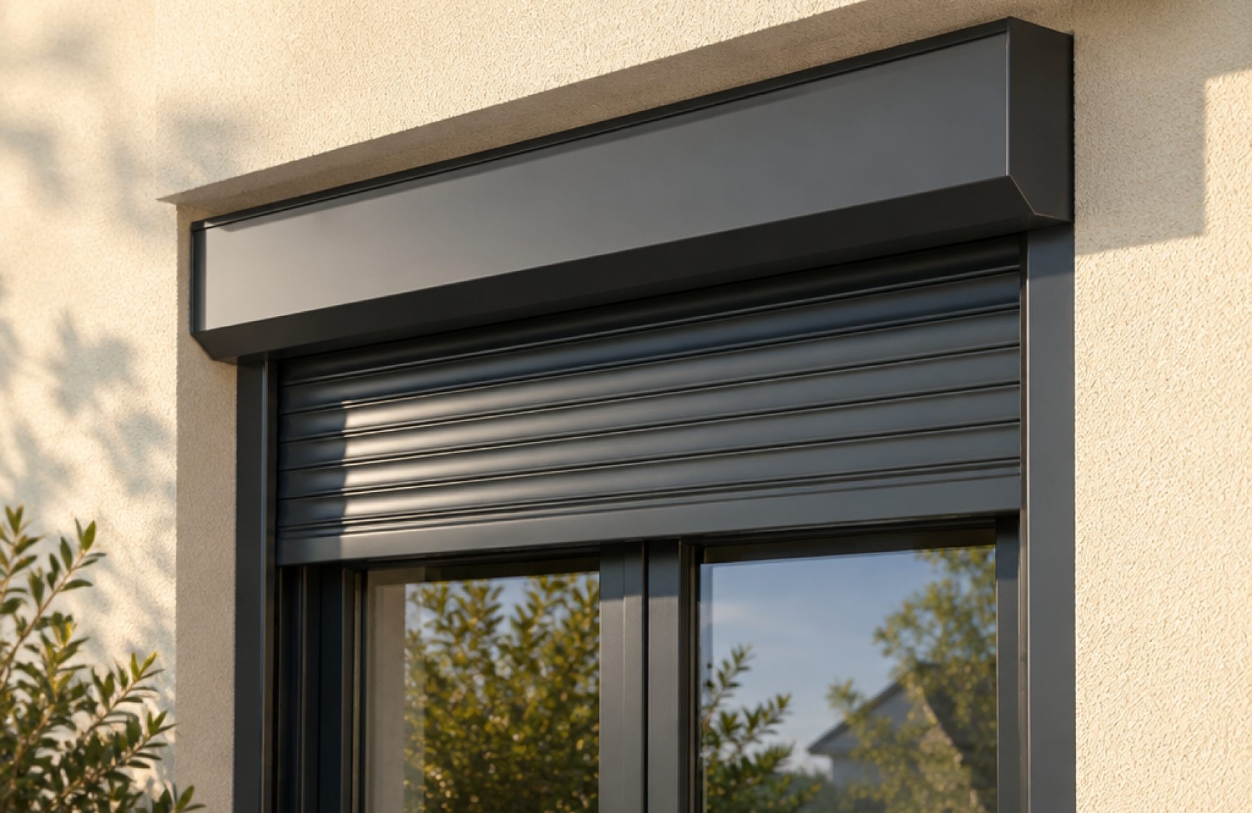 Coffre de volet roulant aluminium rapporté sous le linteau d’une façade crépie