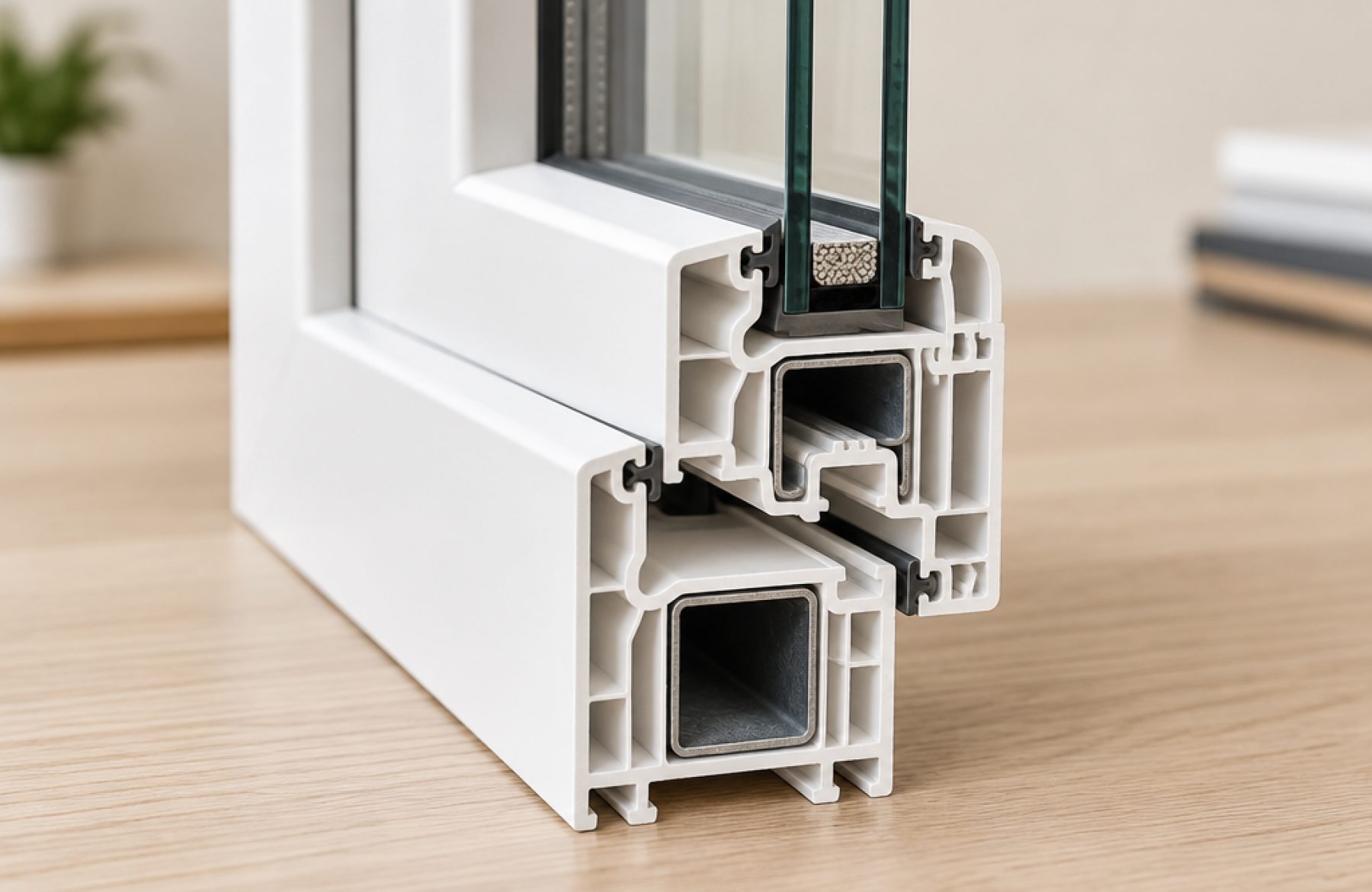 Coupe d’un profilé de fenêtre PVC blanc montrant ses chambres internes et son renfort acier