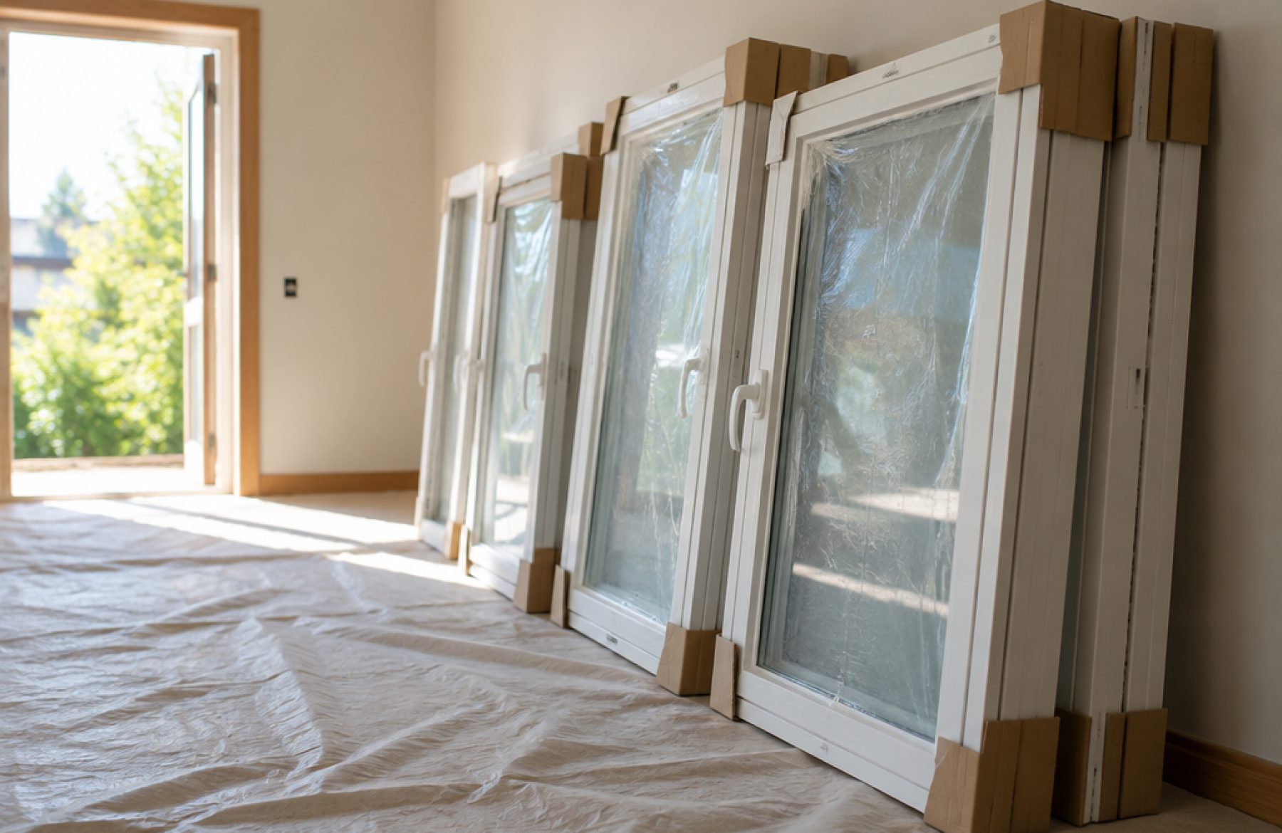 Fenêtres PVC neuves stockées debout sur cales dans une pièce en rénovation