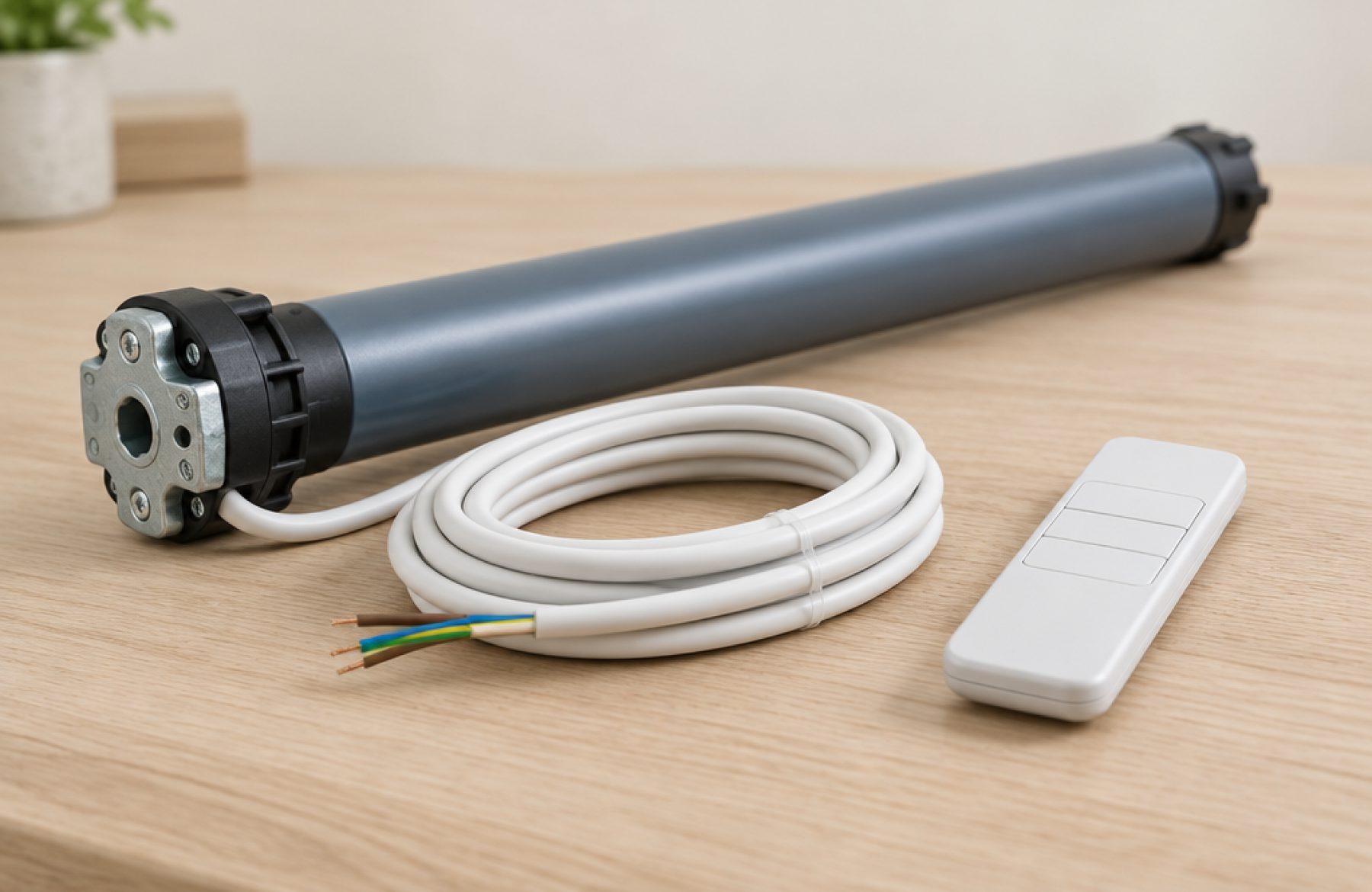 Moteur tubulaire, câble électrique et télécommande posés sur un établi