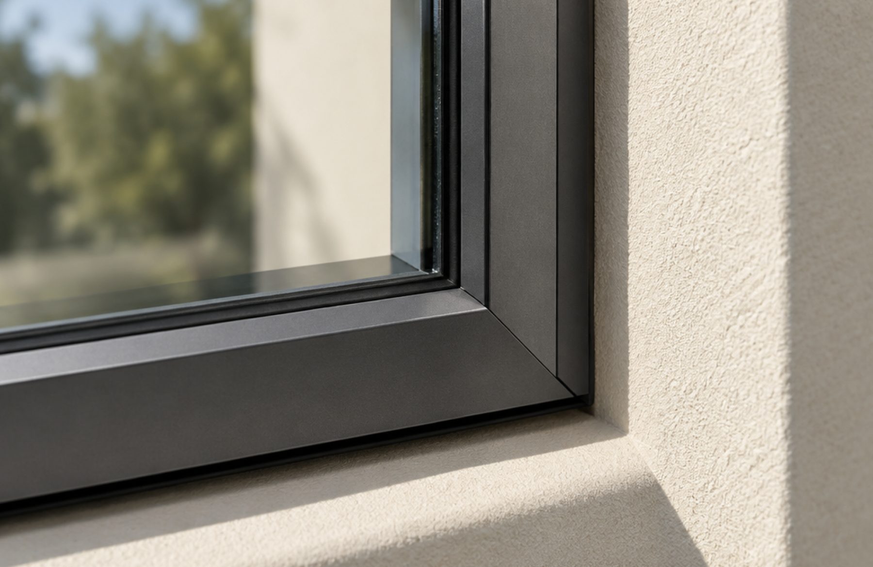 Angle d’un cadre de fenêtre aluminium gris anthracite montrant la finesse du profilé